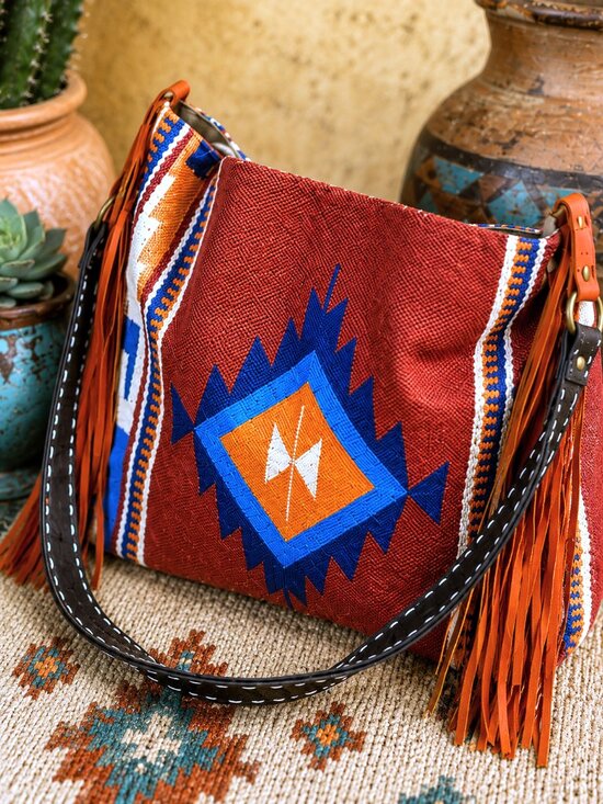 Handbags - Southwestern Rust Fringe Tote Bag Purse Faux Leather Boho Western Aztec Canvas